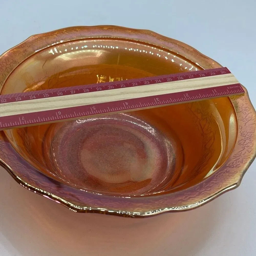 Federal Glass Marigold Carnival Glass Flora Rose Lattice 8-1/4 serving bowl.